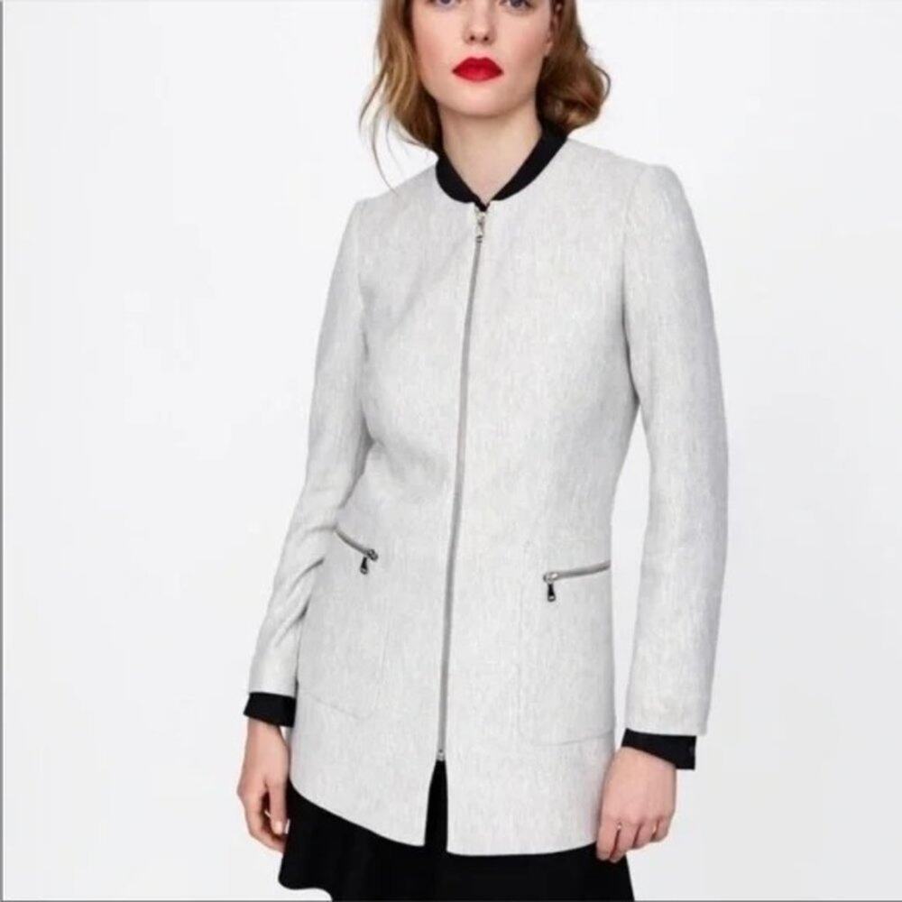 Zara Longline Herringbone Long Sleeve Jacket Blazer Full Zip Up Pockets M Grey
